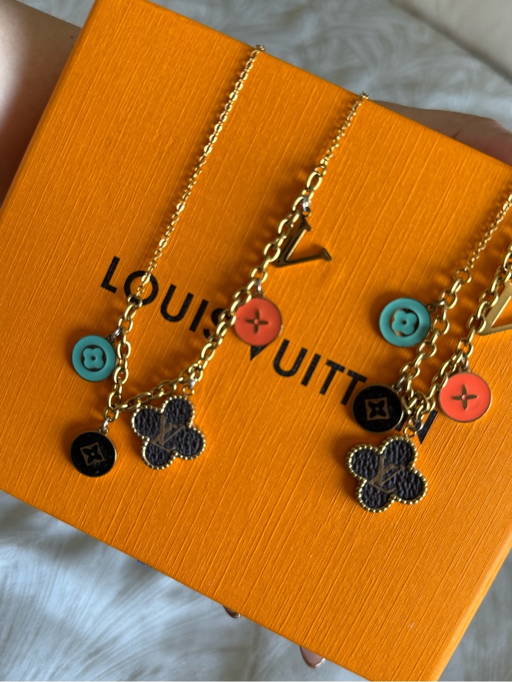 Louis Vuitton Gold-Tone Charm Necklace with Blue and Coral Button Accents